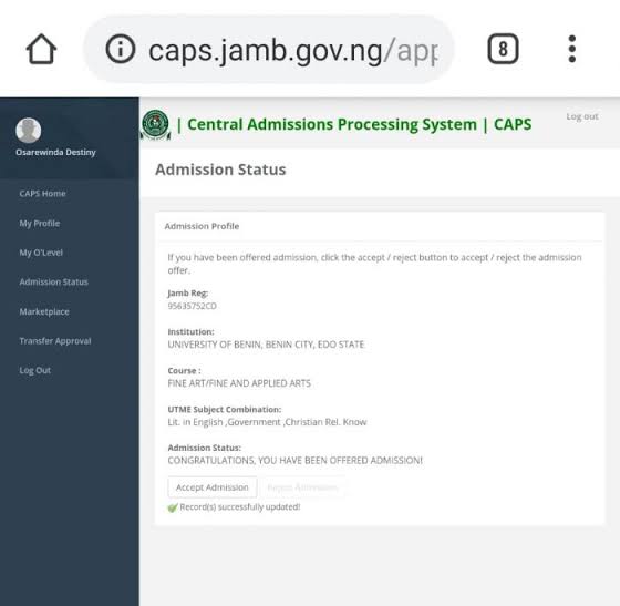jamb CAPS portal login 2024 login/check admission status